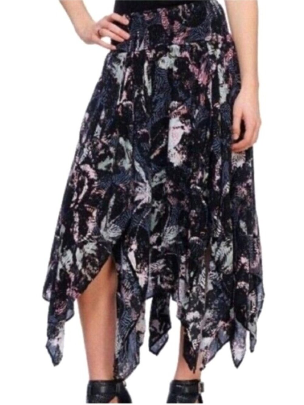 Free People Women's Sz S Black Floral Fly Away Handkerchief Midi Skirt